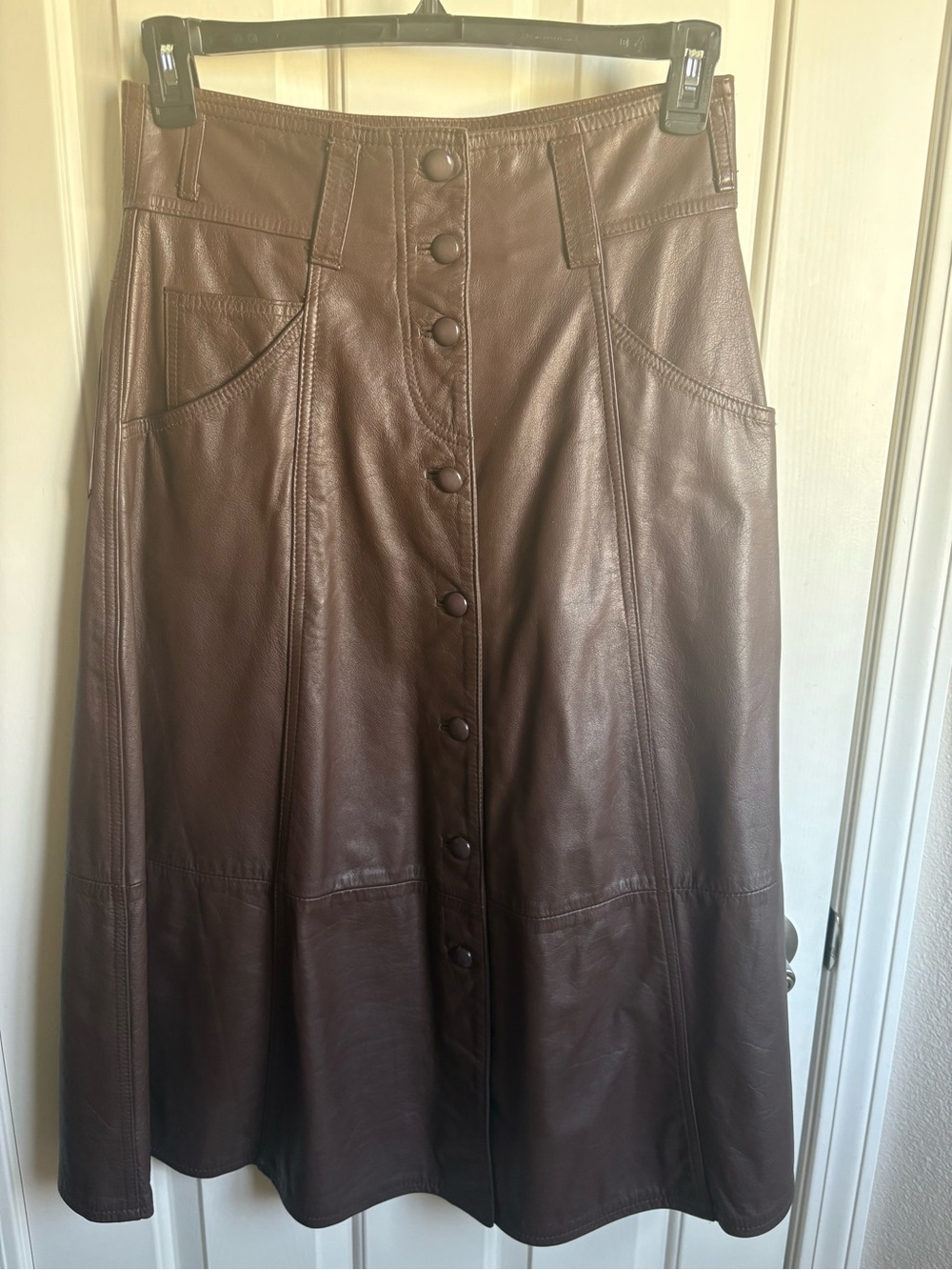 Women's Brown 100% Leather Button-Front Midi Skirt